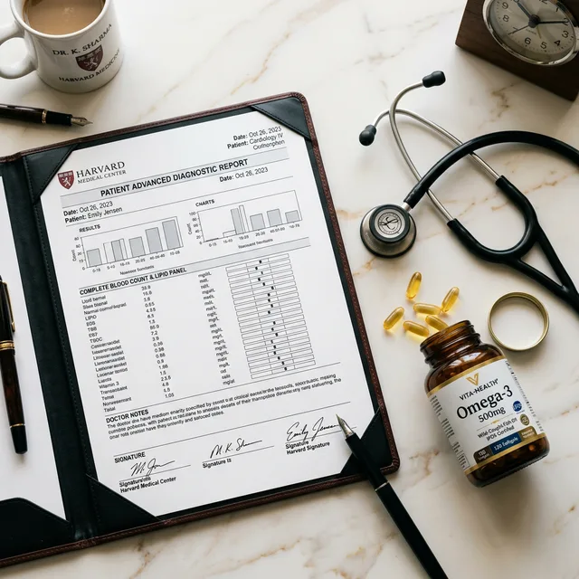 Flat-lay photograph of a medical lab report next to a stethoscope and Omega-3 capsules on a doctor's desk with soft natural lighting