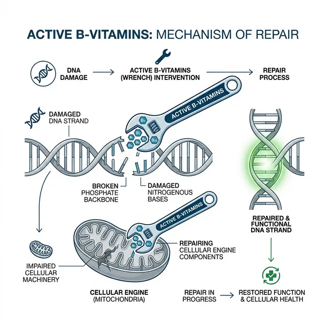 A clean medical diagram showing Active B-Vitamins fixing cellular damage