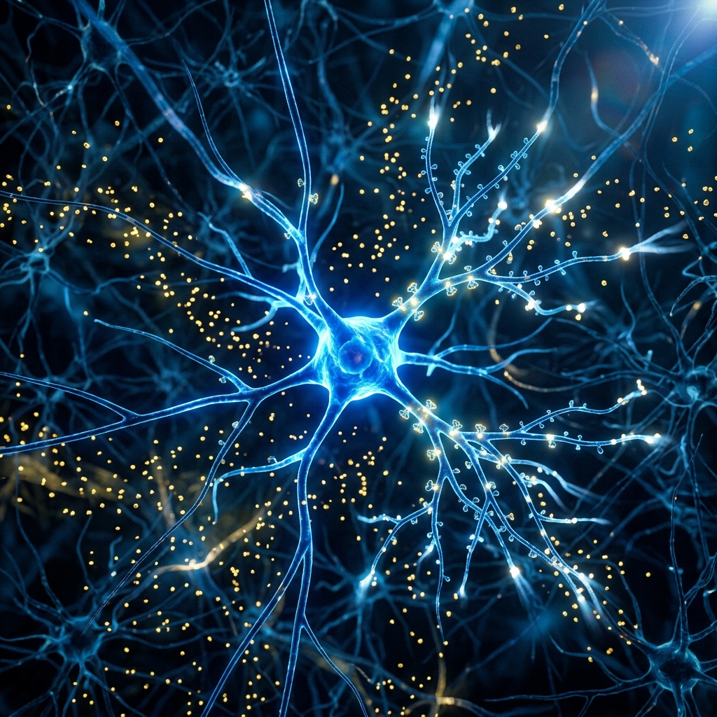 3D medical render of golden BDNF particles binding to a neuron to stimulate dendritic growth