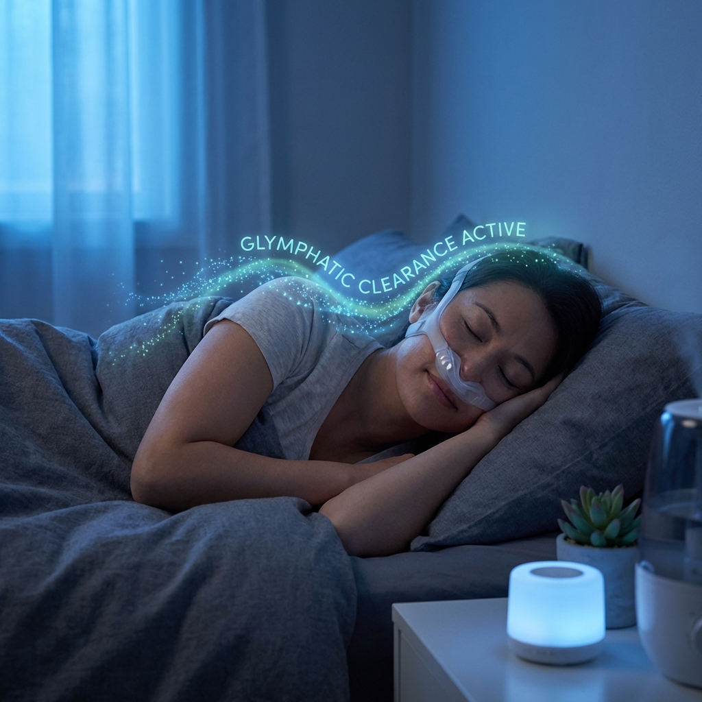 Serene image of a person sleeping peacefully with a CPAP mask, with blue light particles flowing through their brain representing glymphatic clearance