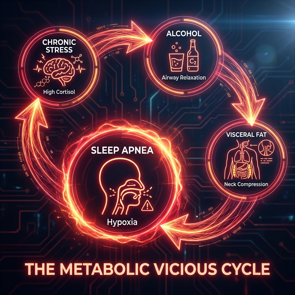 Infographic showing the metabolic vicious cycle: Chronic Stress leads to Alcohol which leads to Visceral Fat which leads to Sleep Apnea which feeds back into Chronic Stress