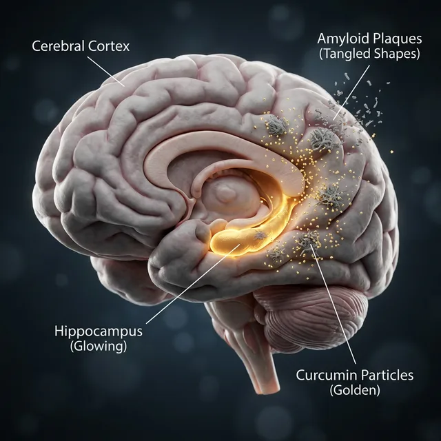 3D render of the human brain with glowing hippocampus showing golden Curcumin particles breaking down grey Amyloid Plaques