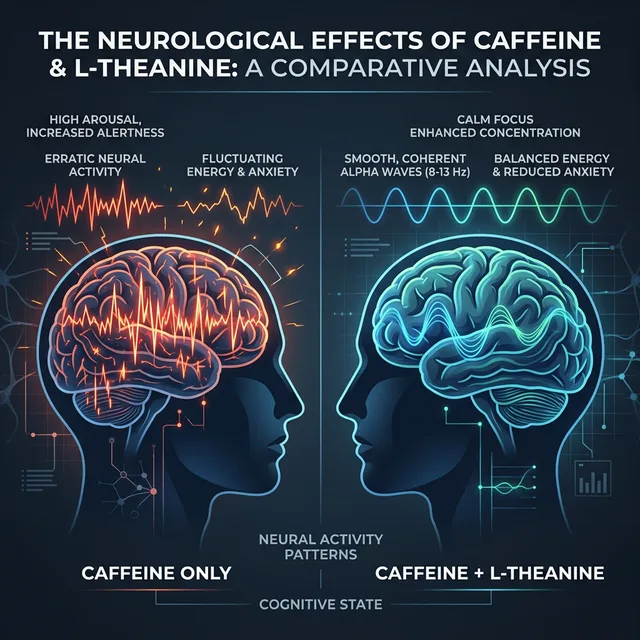 Comparative infographic showing erratic neural activity with caffeine only versus smooth coherent alpha waves with caffeine plus L-theanine