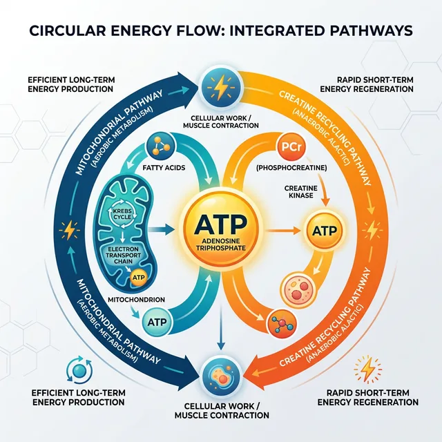 A minimalist infographic showing the Circular Energy Flow between NAD+ and Creatine