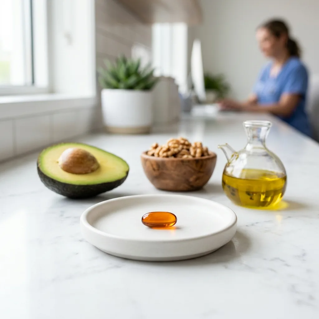 CoQ10 Ubiquinol capsule with healthy fats like avocado and walnuts