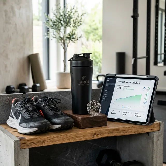 A lifestyle shot of a sleek supplement shaker next to running shoes and a tablet displaying a Muscle Mass tracking app