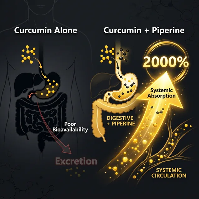 Medical infographic comparing Curcumin alone being excreted versus Curcumin plus Piperine achieving 2000 percent systemic absorption