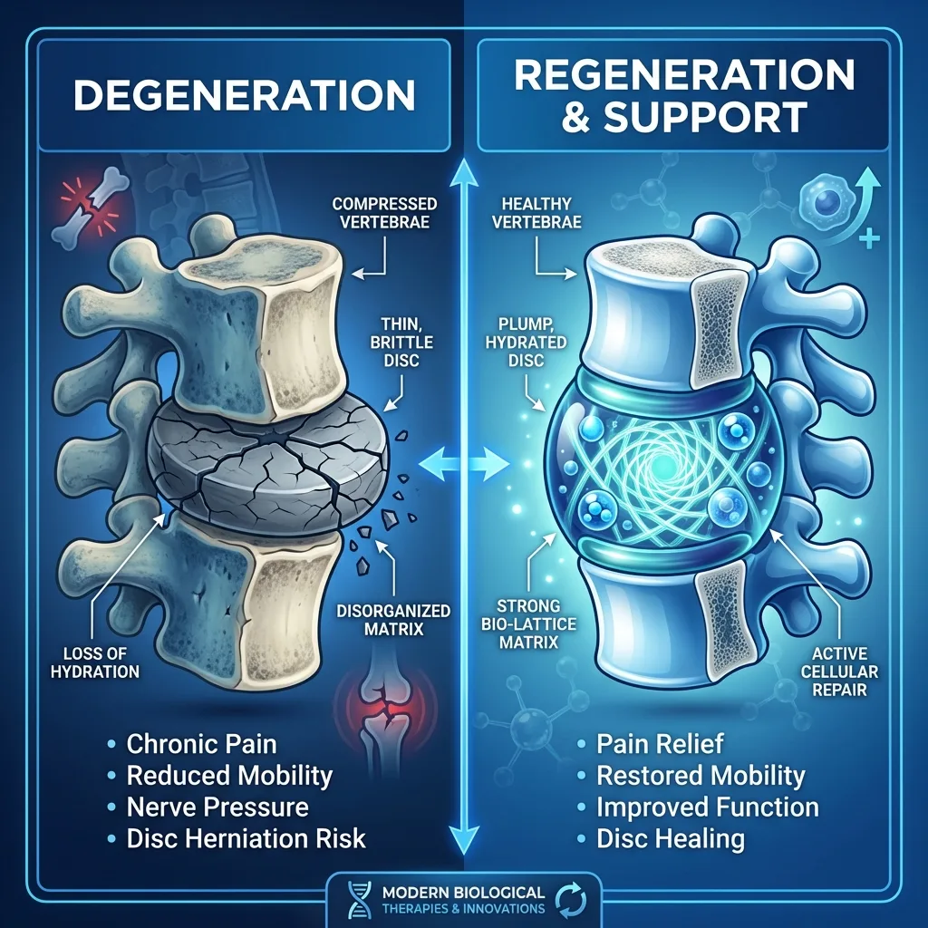 Comparison infographic showing degenerated disc versus regenerating disc with hydrated structure