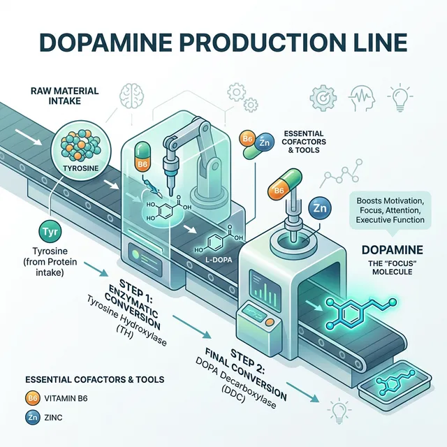 Minimalist infographic showing the Dopamine Production Line with Tyrosine as raw material and Vitamin B6 and Zinc as specialised tools producing the Focus molecule