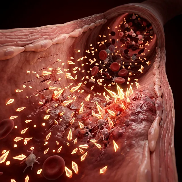 3D render of a blood vessel showing glucose crystals scraping and damaging the endothelial lining