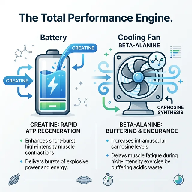 A clean, minimalist medical infographic showing Creatine as a battery and Beta-Alanine as a cooling fan