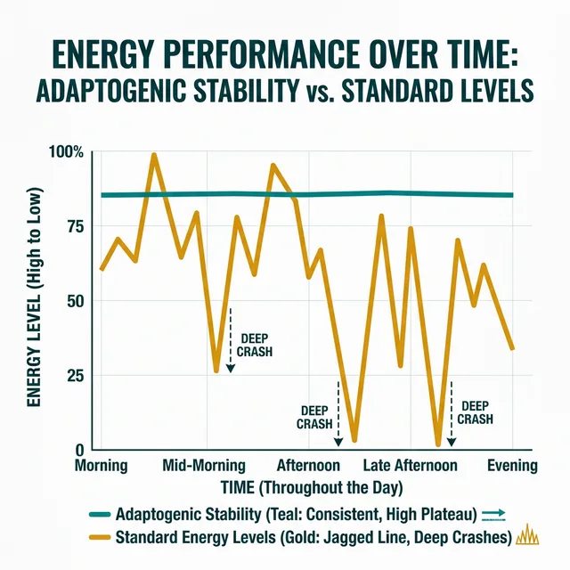 A professional 2D graph comparing 'Standard Energy Levels' (jagged crashes) vs. 'Adaptogenic Stability' (steady plateau)