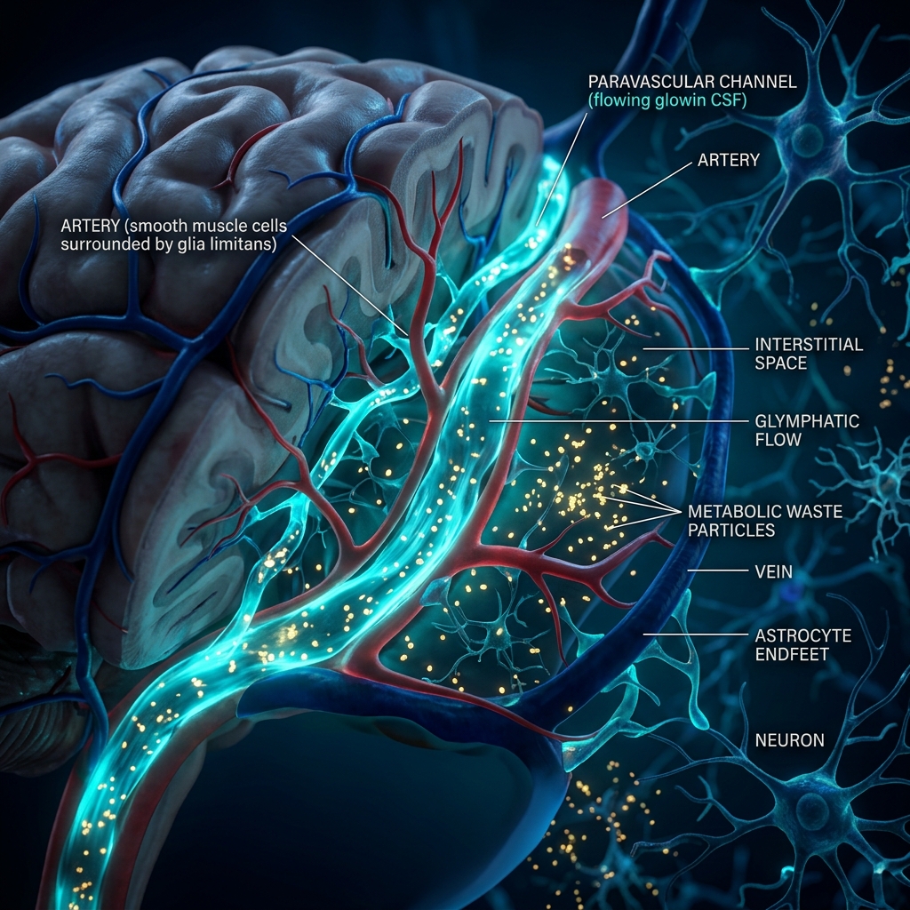 3D medical render of cerebrospinal fluid flushing through the glymphatic system