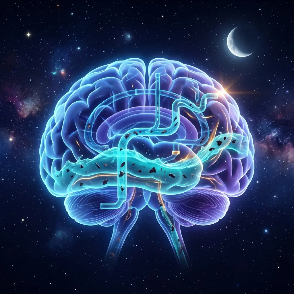 Visualization of the glymphatic system - glowing blue plumbing network flushing debris from brain tissue during sleep