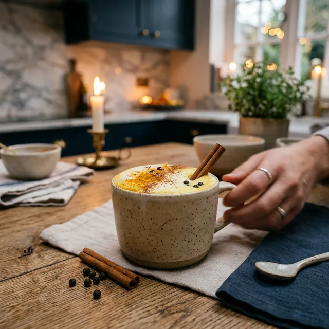 Golden Milk turmeric latte in a modern ceramic mug with cinnamon stick and peppercorns in a cozy kitchen setting