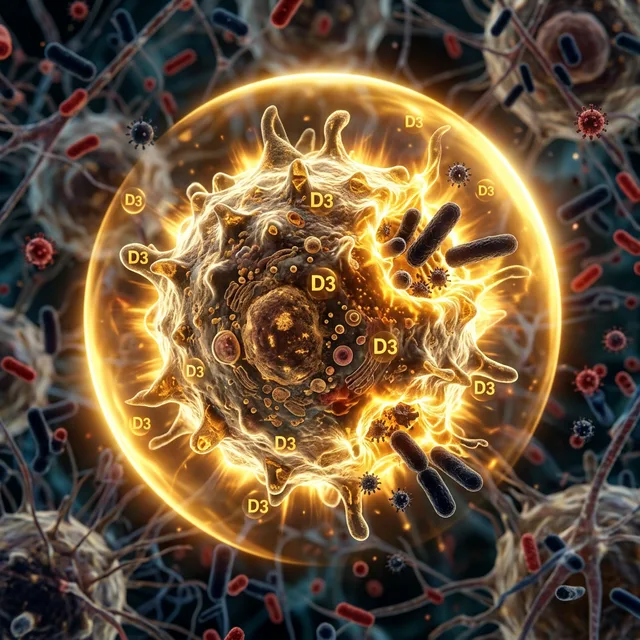 3D render of a white blood cell with a golden D3 shield actively defending against pathogens
