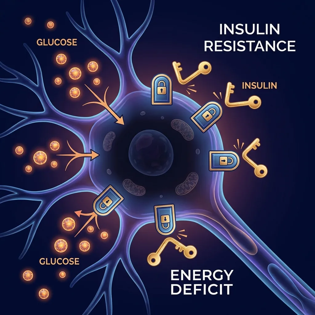 Microscopic view of insulin resistance in a neuron - glucose molecules unable to enter through locked insulin receptor doors