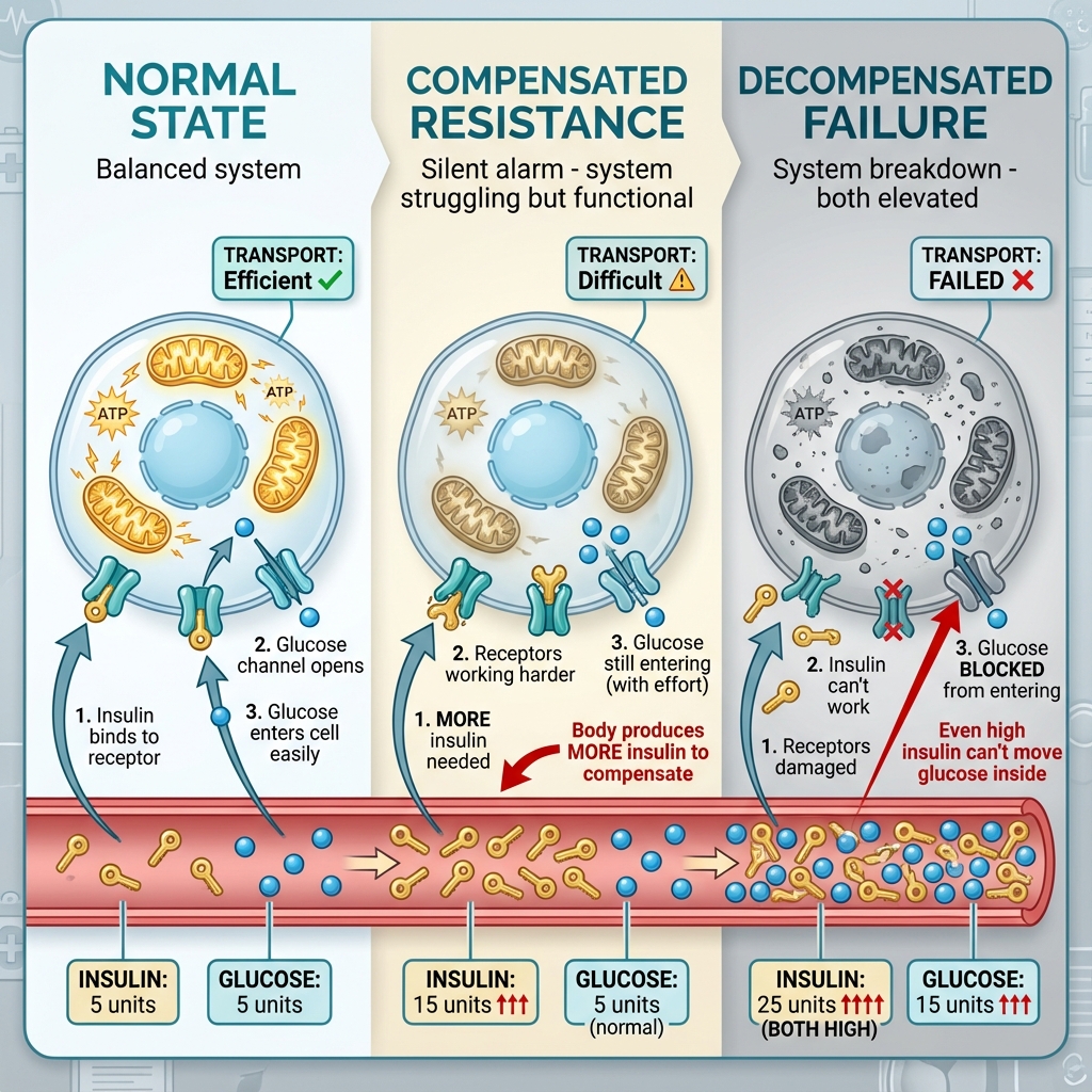 Three stages of insulin resistance showing progressive insulin escalation: Normal state with balanced insulin and glucose transport, Compensated resistance with elevated insulin but normal glucose (silent alarm), and Decompensated failure with both high insulin and glucose (system breakdown)