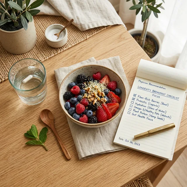 A professional flat-lay photograph of a Longevity Breakfast with a bowl of fibre-rich berries, a probiotic capsule, and a notepad