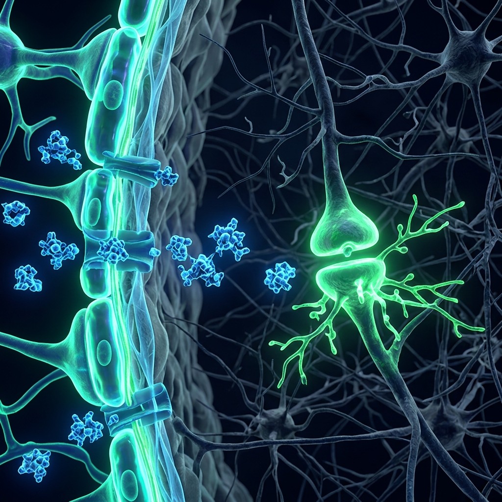 3D medical render of Magnesium L-Threonate crossing the blood-brain barrier to stimulate a neuron
