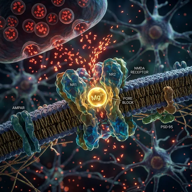 A 3D render of a neural synapse with a golden Magnesium molecule blocking excitatory red glutamate sparks