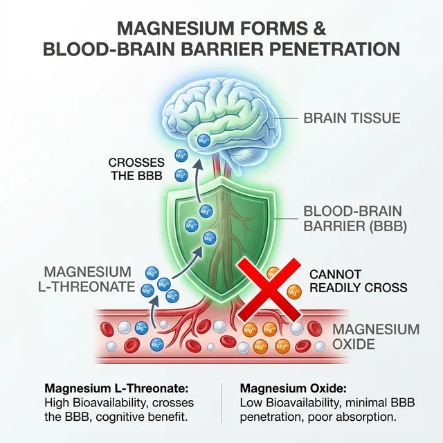 A diagram showing Magnesium L-Threonate crossing the blood-brain barrier while Magnesium Oxide is blocked