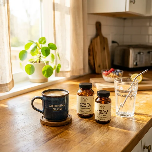 A morning sun-drenched kitchen counter with a coffee mug and supplements