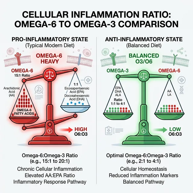 A minimalist clinical diagram comparing the Omega-6 to Omega-3 ratio in human cells