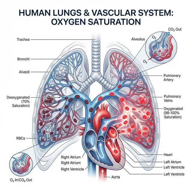 An anatomical infographic showing a stylized human lung and vascular system with glowing red blood cells