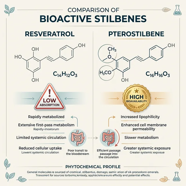 A clean, minimalist infographic comparing Resveratrol with Low Absorption warning and Pterostilbene with High Bioavailability gold seal