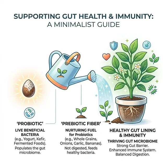 A clean, minimalist medical infographic comparing Probiotics to Seeds and Prebiotics to a Watering Can