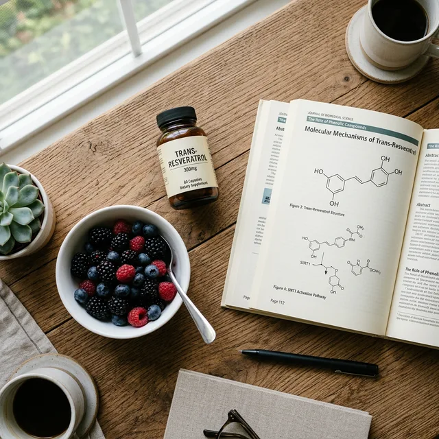 A professional flat-lay of a wooden desk with dark berries, Trans-Resveratrol, and a medical journal