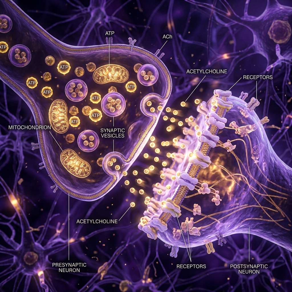 3D medical render of neurotransmitters and ATP energy molecules crossing a synapse