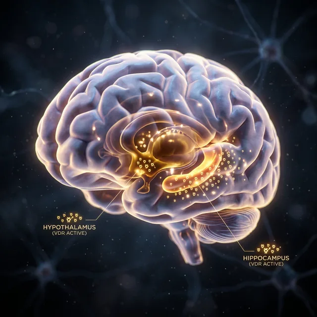 3D render of a glowing human brain showing Vitamin D receptors in the hypothalamus and hippocampus
